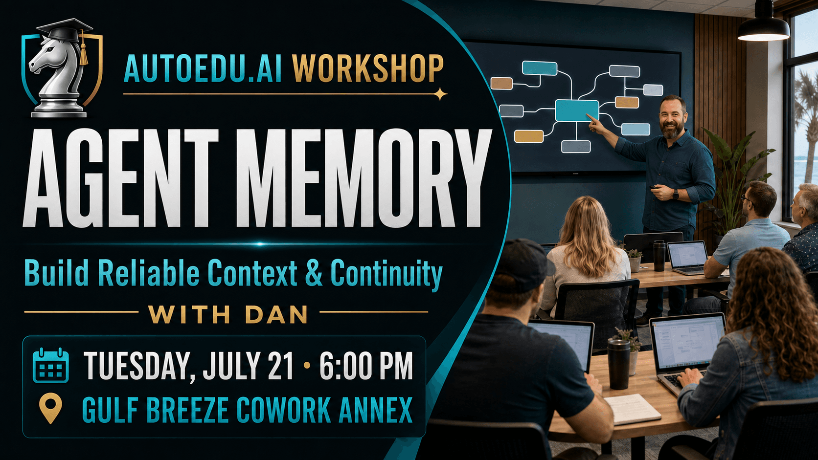 Agent Memory with Dan workshop cover for July 21 at Gulf Breeze Cowork Annex