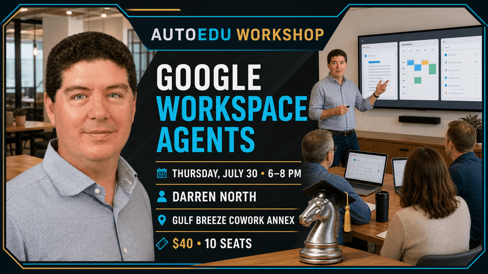 Google Workspace Agents with Darren North workshop cover for July 30 at Gulf Breeze Cowork Annex