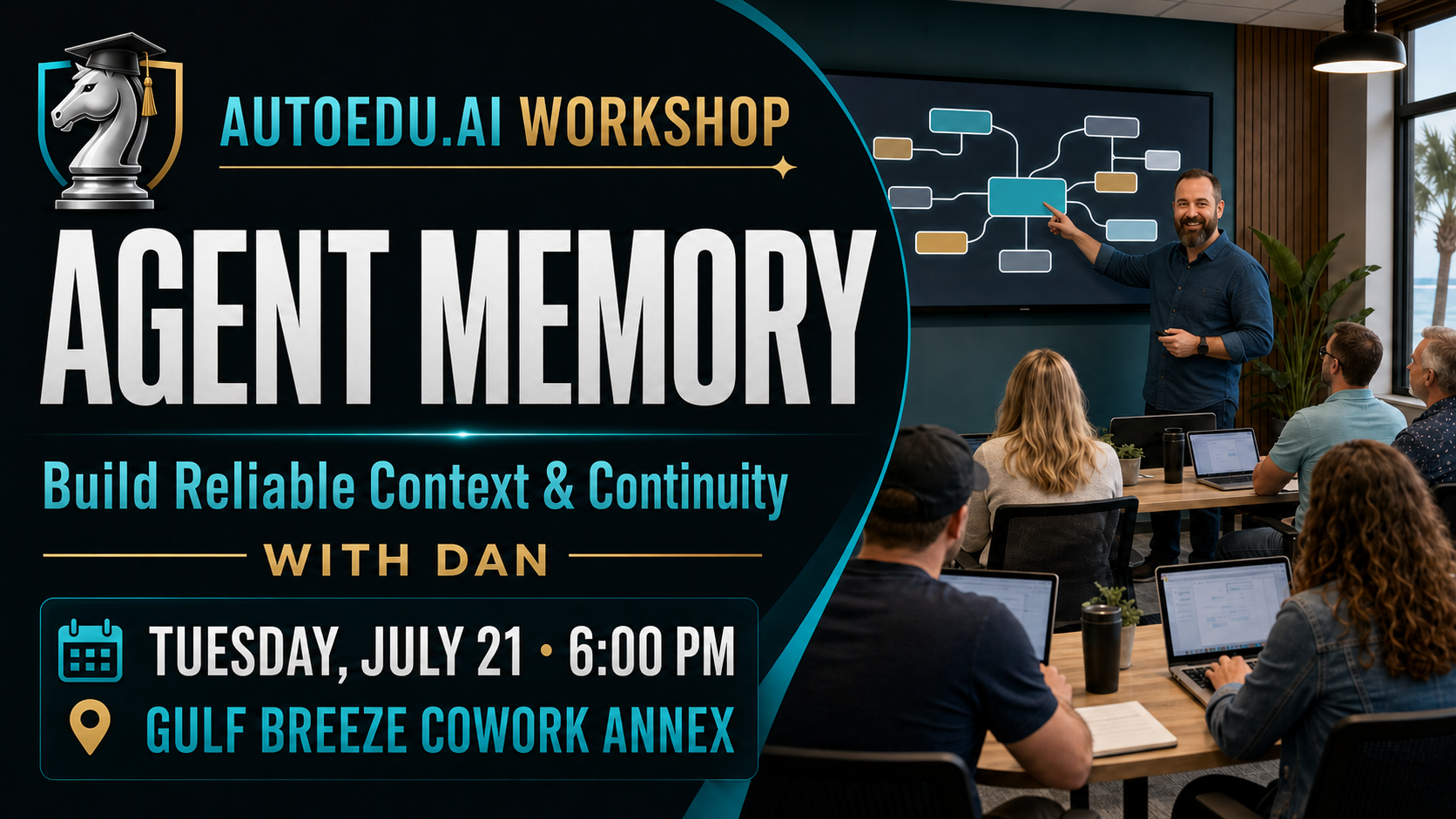 Agent Memory with Dan workshop cover for July 21 at Gulf Breeze Cowork Annex