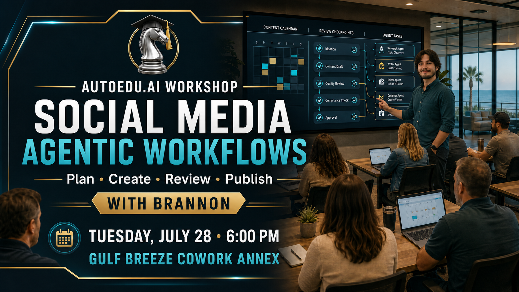 Social Media Agentic Workflows with Brannon workshop cover for July 28 at Gulf Breeze Cowork Annex